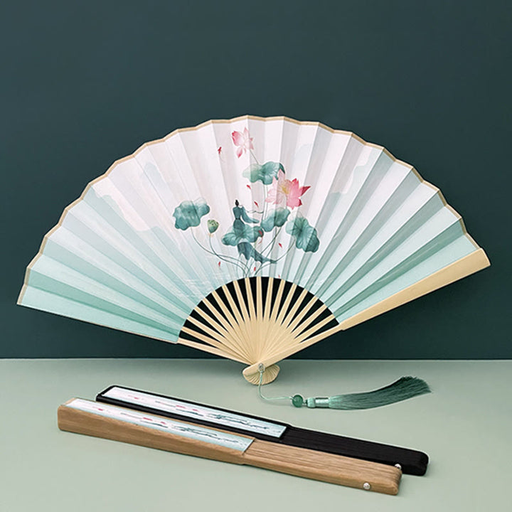 Buddha Stonesレトロ 蓮の花 葉 山 湖 手持ち扇子 竹製フレーム付き
