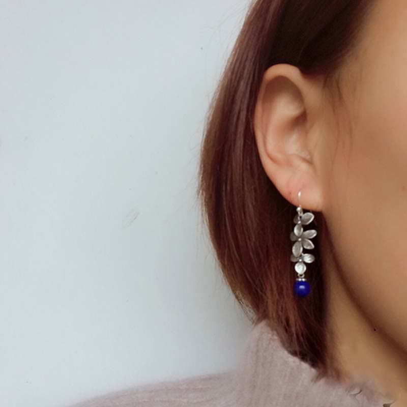 Buddha Stones 925スターリングシルバー ターコイズ ラズライト ラピスラズリ フラワーリーフ セレニティ プロテクション フックドロップ ダングル イヤリング - image 11