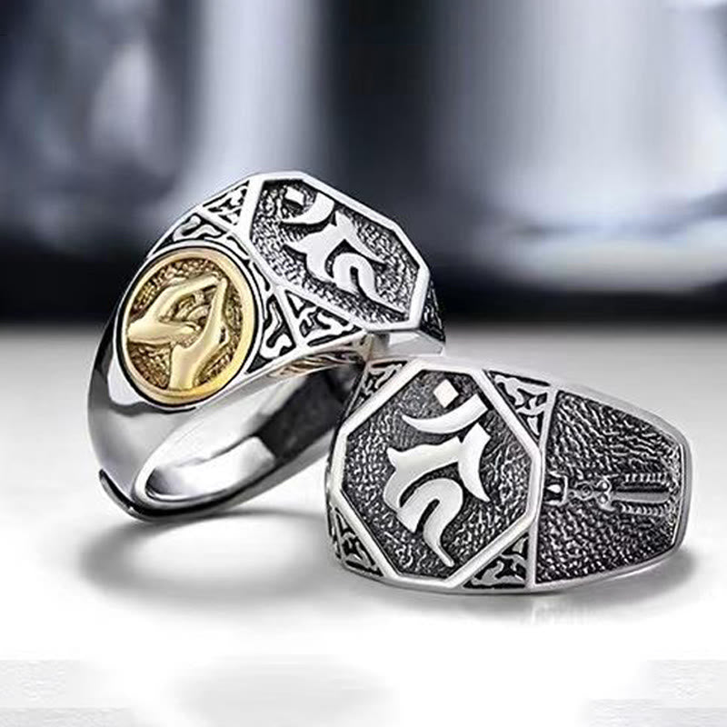 Buddha Stones925 スターリングシルバー サンスクリットデザイン 彫刻入り 保護 調節可能 リング