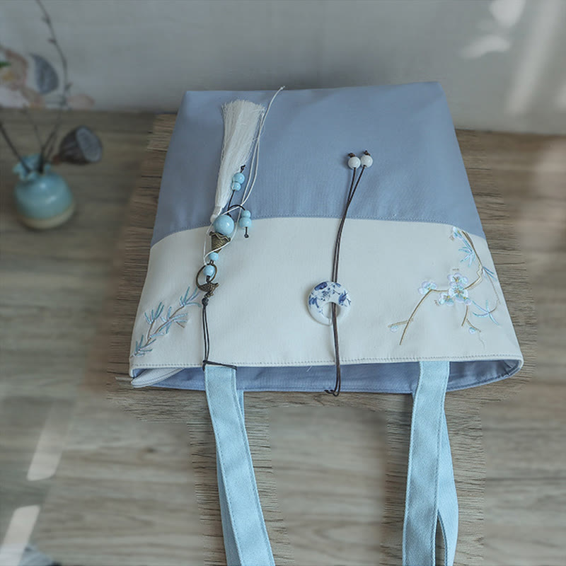 梨花 梅 桃の花 竹刺繍 キャンバス 大容量 ショルダーバッグ トートバッグ