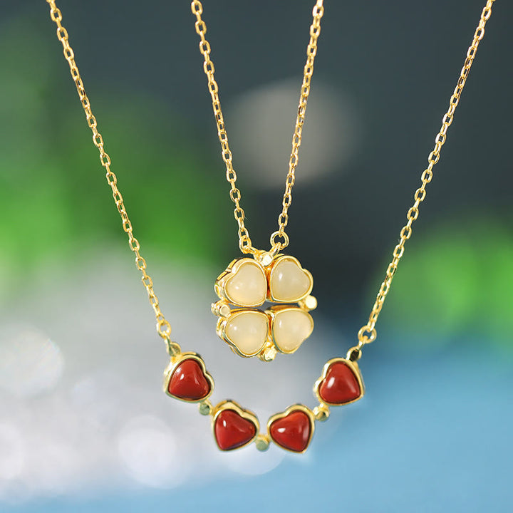 Buddha Stones925スターリングシルバー 四つ葉のクローバー ホワイトジェイド レッドアゲート 豊穣のネックレスペンダント