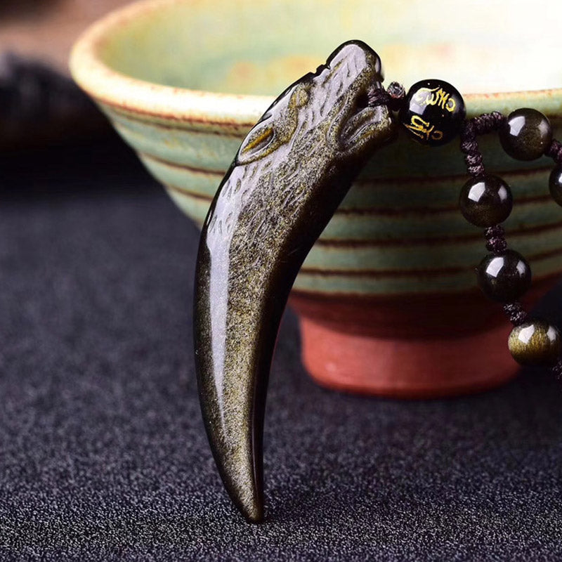Buddha Stones天然黒曜石 氷の黒曜石 レインボーオブシディアン 狼の歯模様 強さのネックレスペンダント