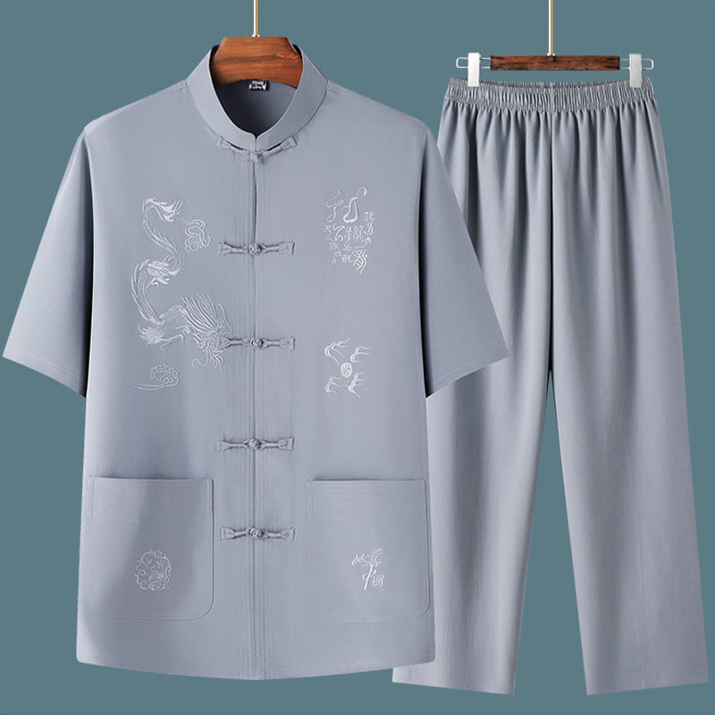 Buddha Stones唐装漢服中国龍伝統カンフーユニフォーム半袖トップスとパンツ衣類メンズセット