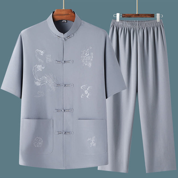 Buddha Stones唐装漢服中国龍伝統カンフーユニフォーム半袖トップスとパンツ衣類メンズセット