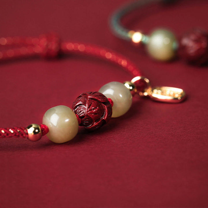 Buddha Stones14K ゴールドメッキ 和田翡翠 辰砂 蓮華 幸運 手作り ロープブレスレット - image 3