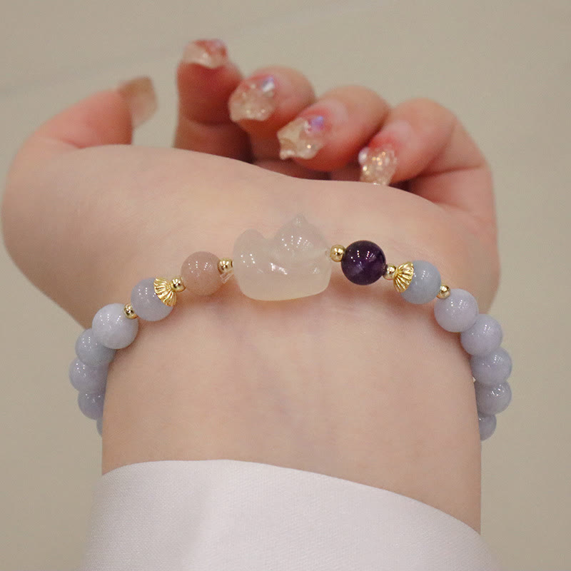 Buddha Stones天然アクアマリン カルセドニー セレニティ ウサギ ひょうたん 猫 チャームブレスレット - アクアマリンカルセドニーキャット - image 7