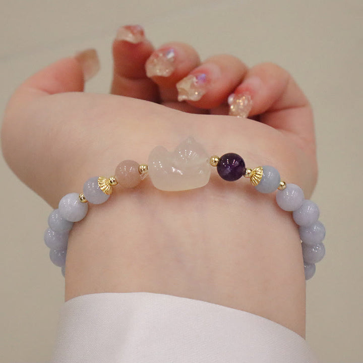 Buddha Stones天然アクアマリン カルセドニー セレニティ ウサギ ひょうたん 猫 チャームブレスレット - アクアマリンカルセドニーキャット - image 7