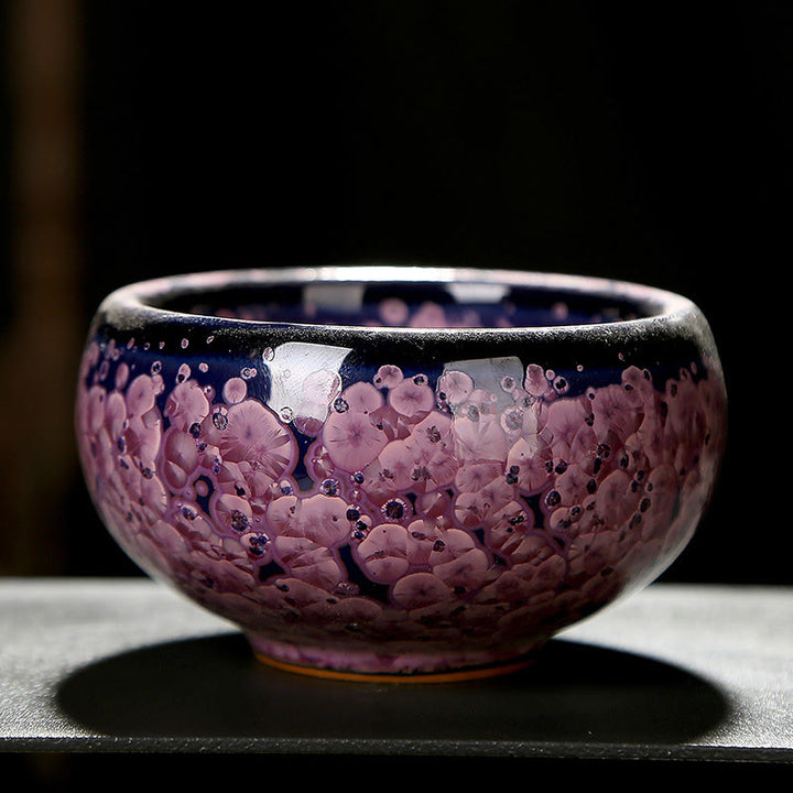 Buddha Stones、カラフルなアイリスの花、中国建展窯変磁器ティーカップ、天目カンフーティーカップ