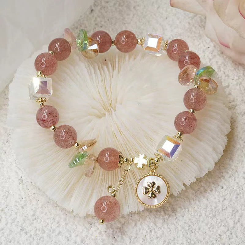 Buddha Stonesストロベリークォーツ 幸運の四つ葉のクローバー ヒーリングチャームブレスレット