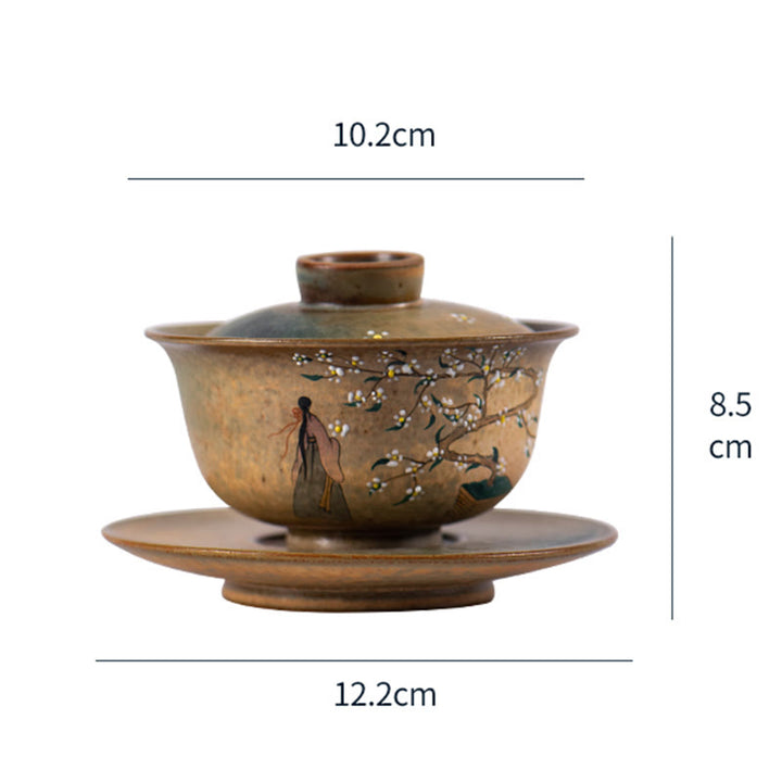 景徳鎮の手描きのルBuddha Stones磁器漢服少女の花の陶器蓋碗三彩ティーカップカンフーティーカップとソーサー蓋付き