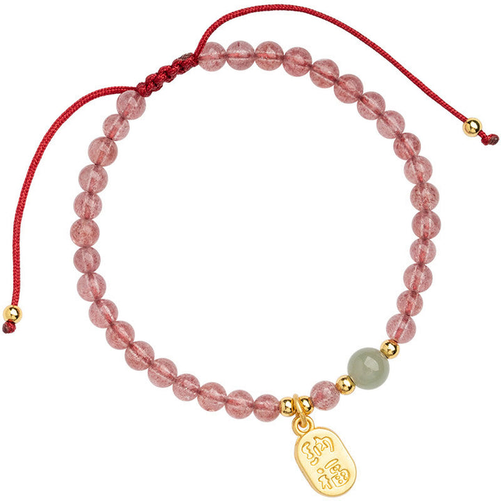Buddha Stones天然ストロベリークォーツガーネット翡翠幸運福キャラクターヒーリングチャームブレスレット