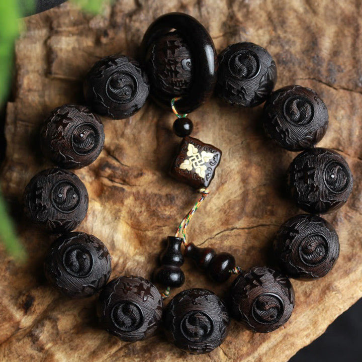 Buddha Stones黒檀漢字 陰陽 彫刻 ひょうたん 天秤 ブレスレット