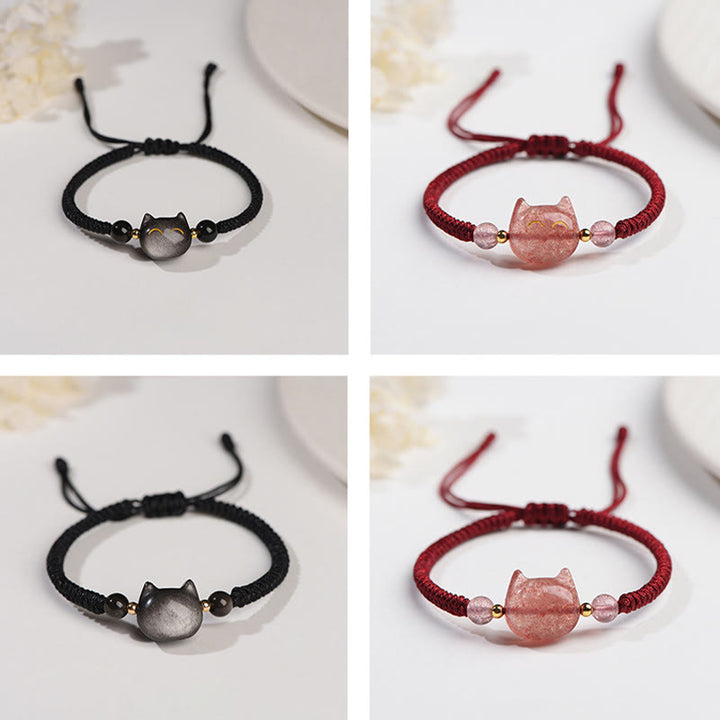 Buddha Stonesハンドメイド 天然銀光沢黒曜石 ストロベリークォーツ かわいい猫のお守り編み込みブレスレット - image 14