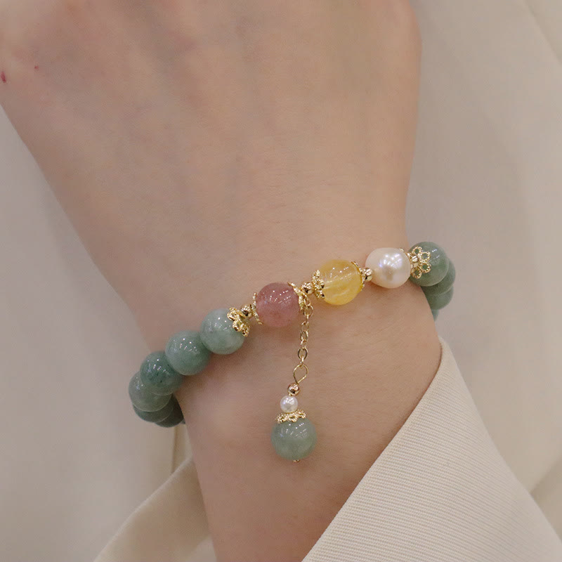 Buddha Stones翡翠パール ストロベリークォーツ 豊穣の幸運ビーズチャームブレスレット