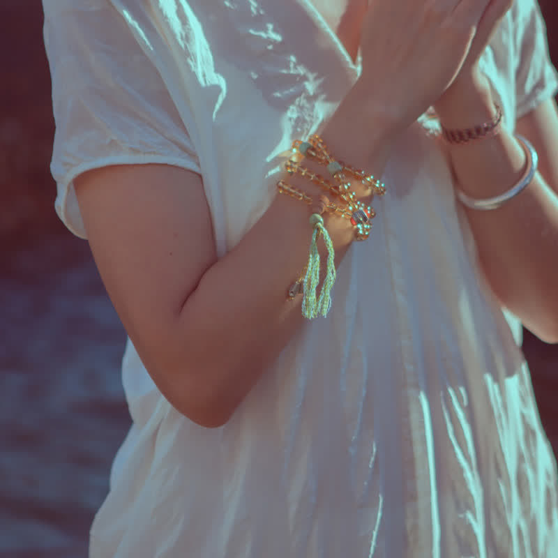 Buddha Stones 108マーラー数珠ビーズ 925 スターリングシルバー シトリン サンダルウッド ターコイズ 守護 繁栄 ブレスレット - image 2