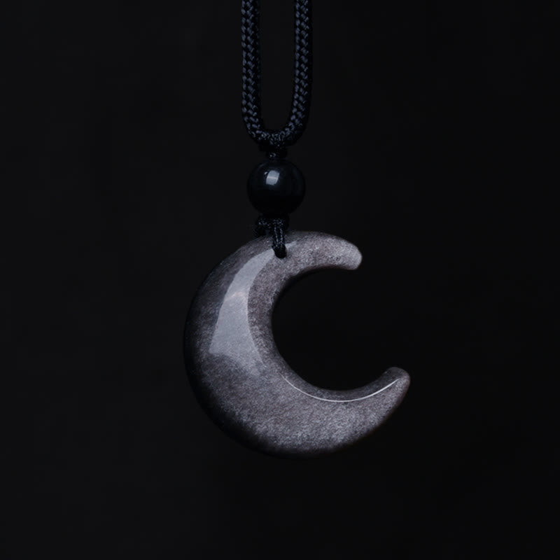 Buddha Stones天然銀光沢黒曜石 セレナイト クリスタル 三日月 陰陽 カップル 守護 ネックレス ペンダント - image 3