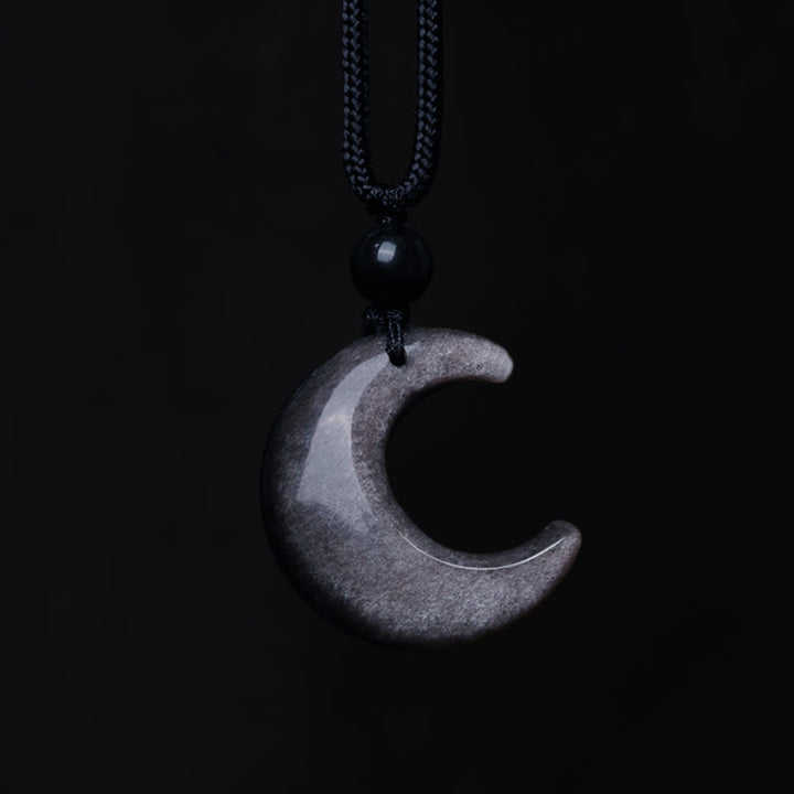 Buddha Stones天然銀光沢黒曜石 セレナイト クリスタル 三日月 陰陽 カップル 守護 ネックレス ペンダント - image 3