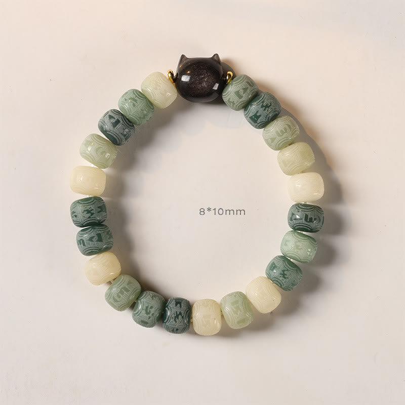 Buddha Stonesの銀光沢黒曜石猫の頭、オーム・マニ・パドメ・フムの彫刻入りハーモニーブレスレット - image 11