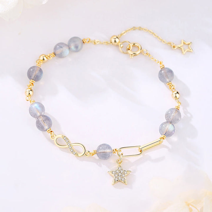 Buddha Stones 14Kゴールドメッキ 天然ストロベリークォーツ ムーンストーン メビウスループ 永遠の愛 星 ポジティブブレスレット