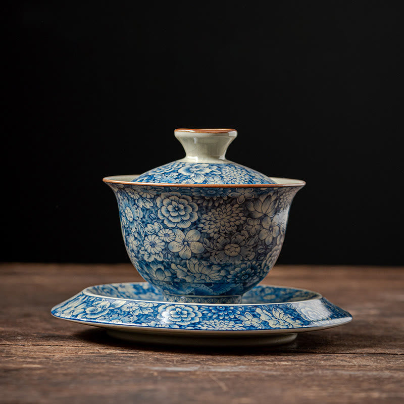 Buddha Stonesヴィンテージ青と白の磁器桃の花蓮牡丹セラミック蓋碗三彩ティーカップカンフーティーカップとソーサー蓋付き