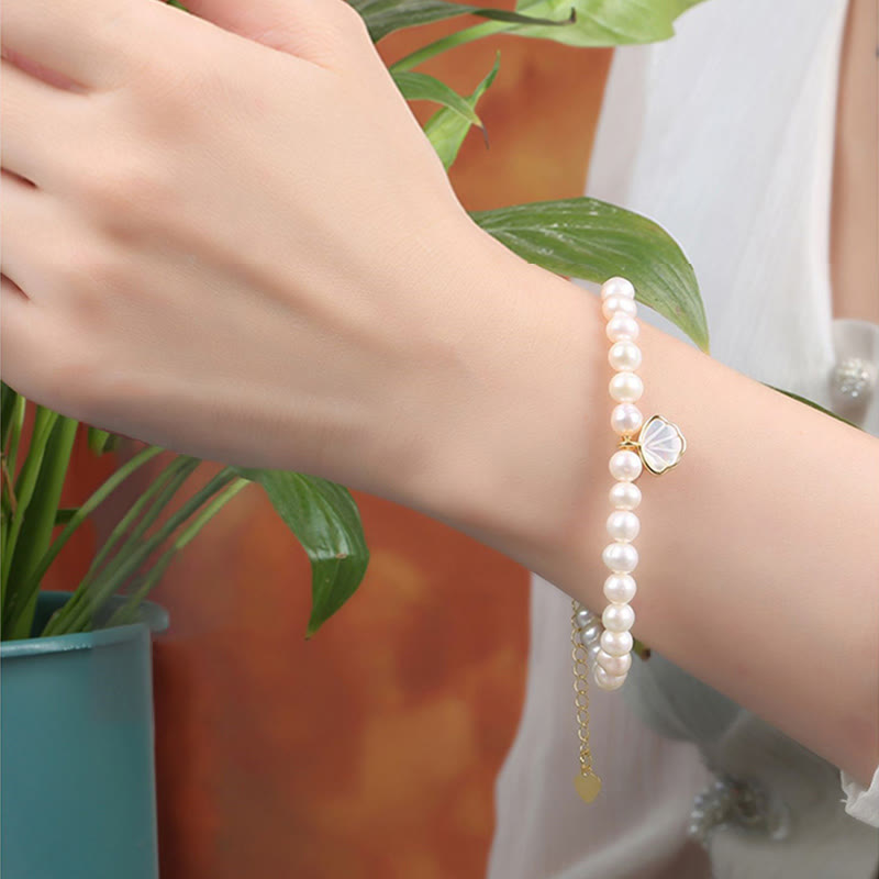Buddha Stones14Kゴールドメッキ 天然パールクリスタルシェルチャームビーズブレスレット