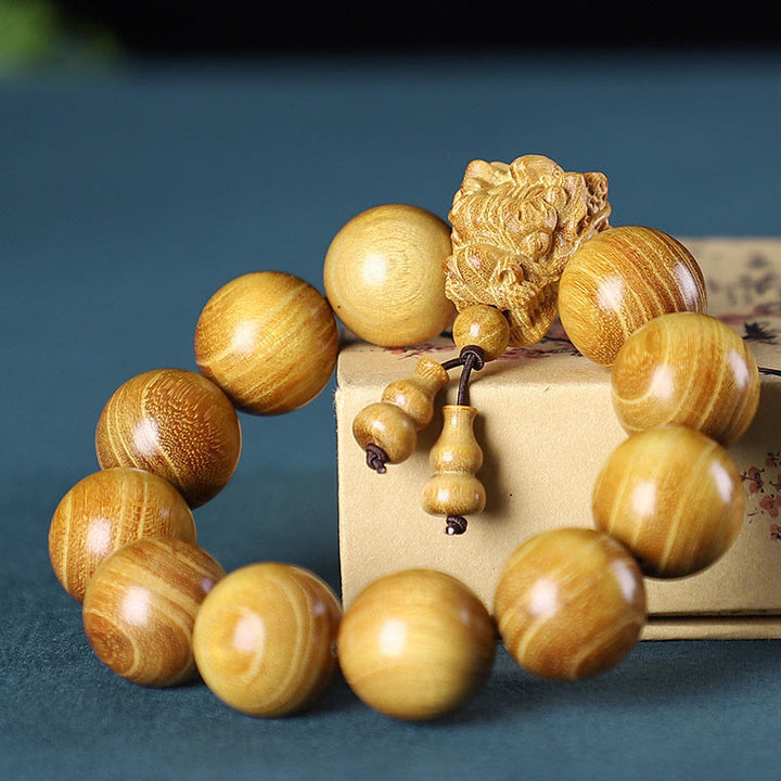 Buddha Stones、ローズウッド、グリーンサンダルウッド、小葉紫檀、龍彫刻の守護ブレスレット