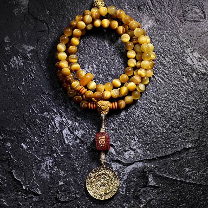 Buddha Stones 108Mala天然タイガーアイ 銅製 ドルジェ 守護 タッセルブレスレット