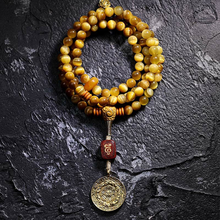 Buddha Stones 108Mala天然タイガーアイ 銅製 ドルジェ 守護 タッセルブレスレット