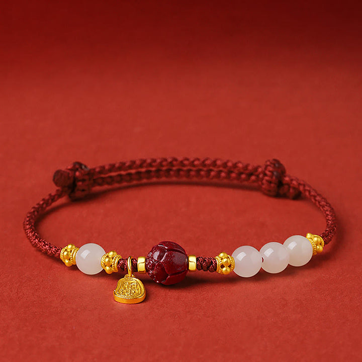 Buddha Stones24K 金メッキ 和田白翡翠 辰砂 蓮華 幸運 ロープ ブレスレット