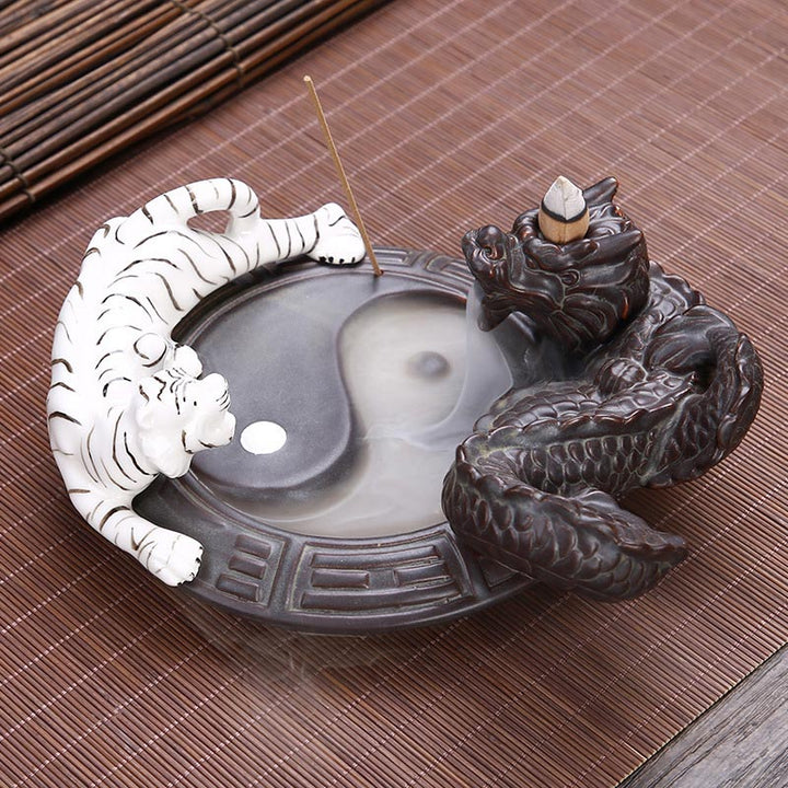 Buddha Stones虎龍 逆流煙噴水 陶器 陰陽 祝福 香炉 装飾