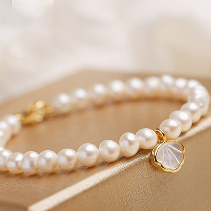 Buddha Stones14Kゴールドメッキ 天然パールクリスタルシェルチャームビーズブレスレット