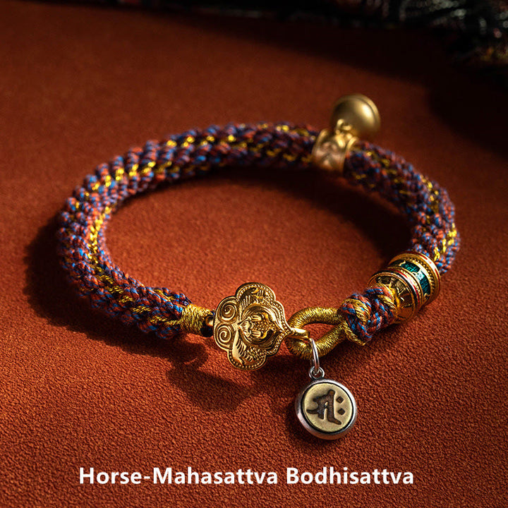 Buddha Stones925 スターリングシルバー十二支誕生仏オーム・マニ・パドメ・フム幸運の鐘 編み込みストリングブレスレット