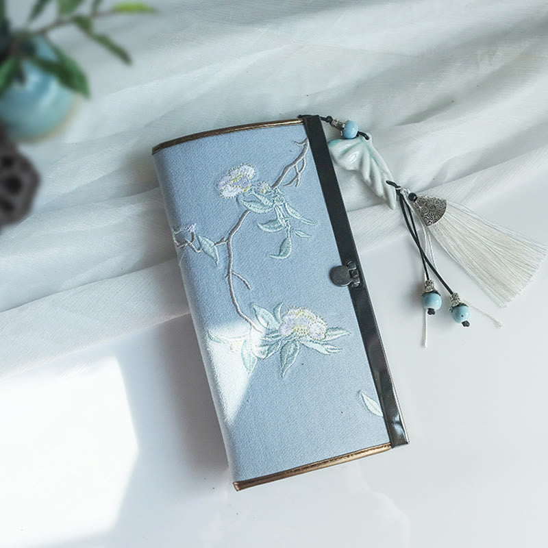Buddha Stonesの花、梅、桃の花、竹の両面刺繍、大容量のキャッシュホルダーウォレット、ショッピングバッグ - ライトブルーホワイトティーフラワー - image 9