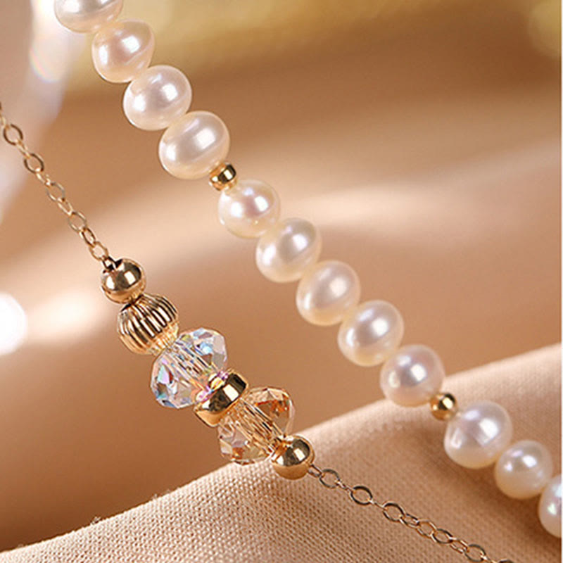 Buddha Stones925スターリングシルバー 14Kゴールドメッキ 天然パールクリスタル ヒーリング ダブルレイヤーブレスレット
