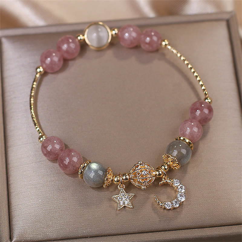 Buddha Stones ストロベリークォーツ＆ムーンストーン 月と星モチーフのラブブレスレット - image 2