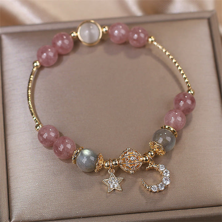 Buddha Stones ストロベリークォーツ＆ムーンストーン 月と星モチーフのラブブレスレット - image 2