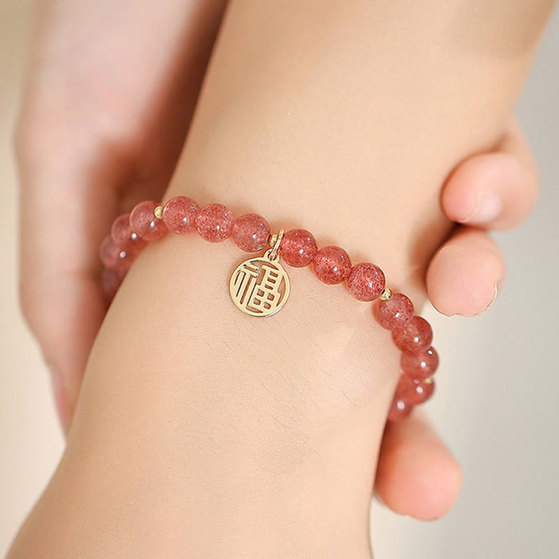 Buddha Stones14Kゴールドメッキ ストロベリークォーツ フーキャラクター ヒーリングチャームブレスレット