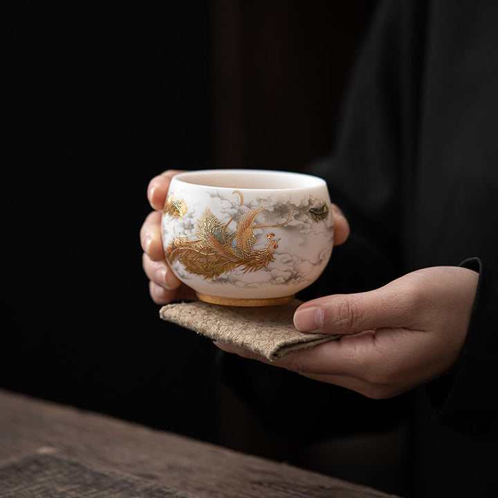 Buddha Stones、鳳凰、龍、蓮、鹿、古代建築、鯉、陶器のティーカップ、カンフーティーカップ