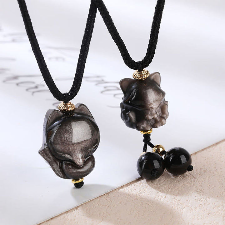 Buddha Stones天然銀光沢黒曜石 九尾狐 守護ネックレスペンダント