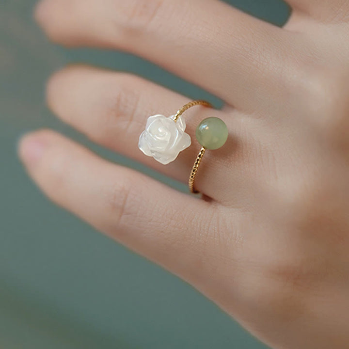 Buddha Stones14K ゴールドメッキ シャコガイ石 ローズフラワー 翡翠ビーズ 祝福リング