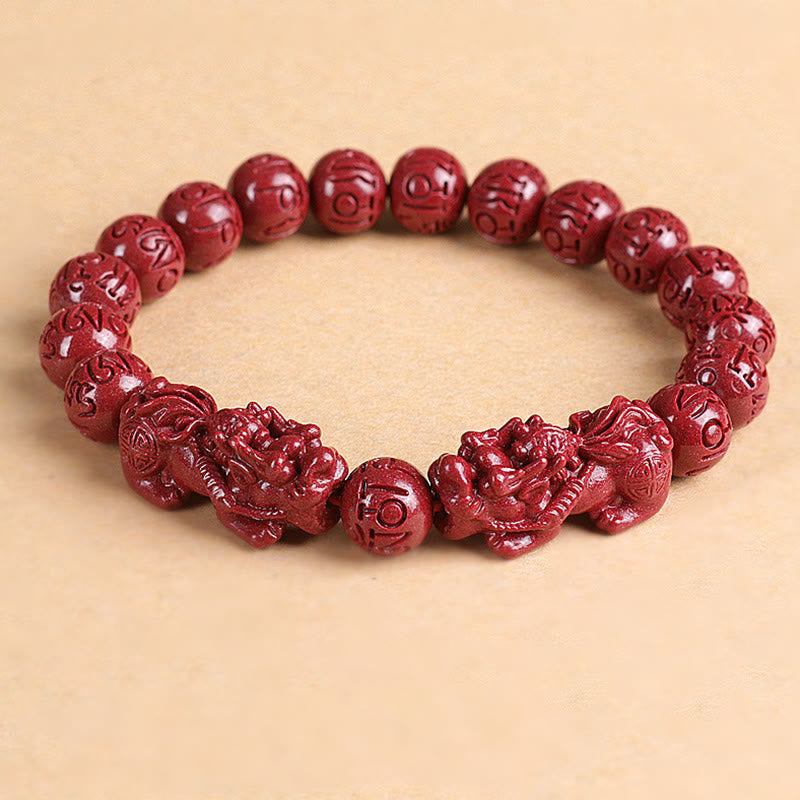 Buddha Stones天然 ダブル 貔貅 辰砂オーム・マニ・パドメ・フム富と幸運のビーズブレスレット