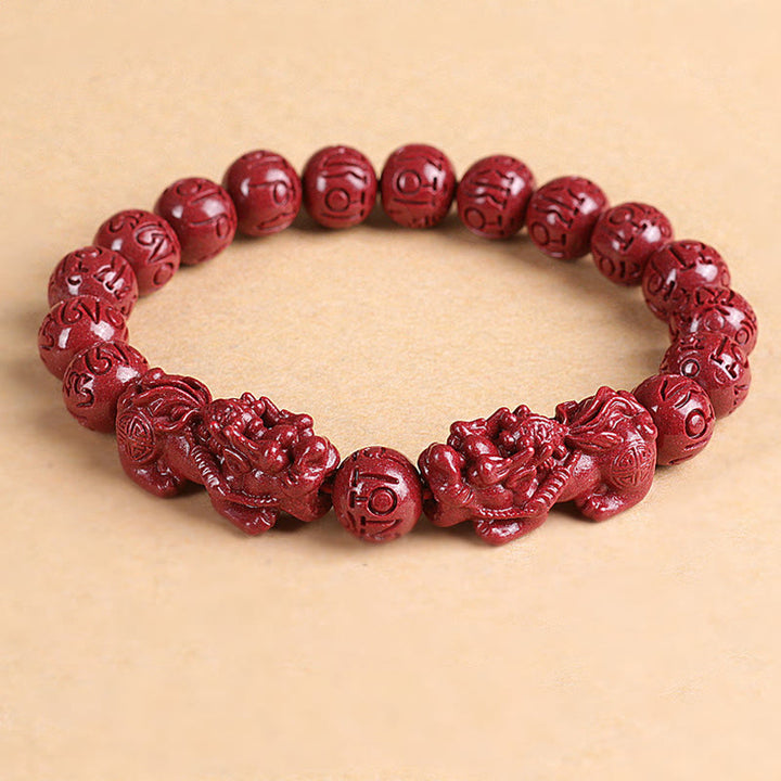 Buddha Stones天然 ダブル 貔貅 辰砂オーム・マニ・パドメ・フム富と幸運のビーズブレスレット