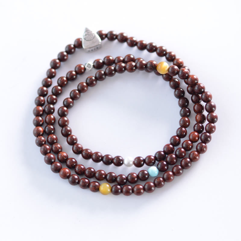 Buddha Stones925スターリングシルバー インド産小葉レッドサンダルウッド フーキャラクタープロテクショントリプルラップブレスレット