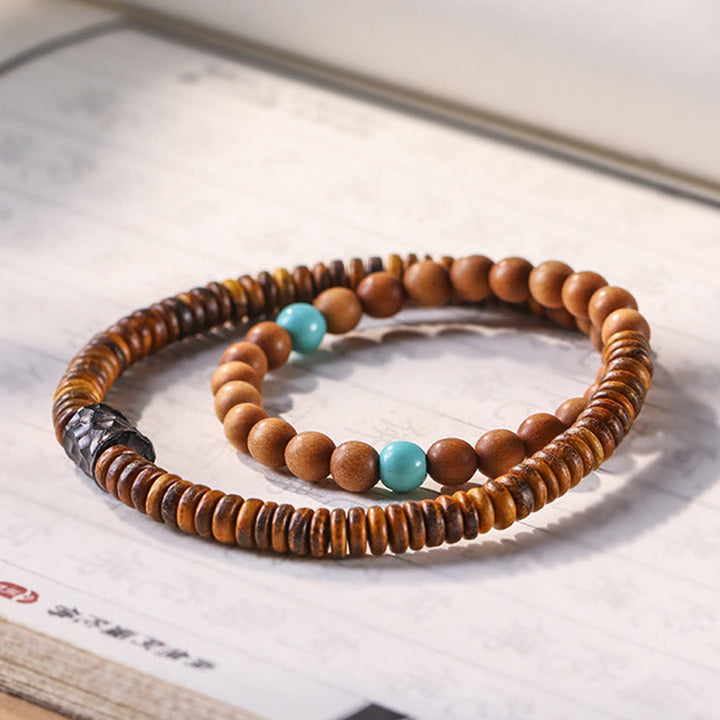 Buddha Stones白檀小葉 レッドサンダルウッド ターコイズ プロテクション ダブルラップブレスレット