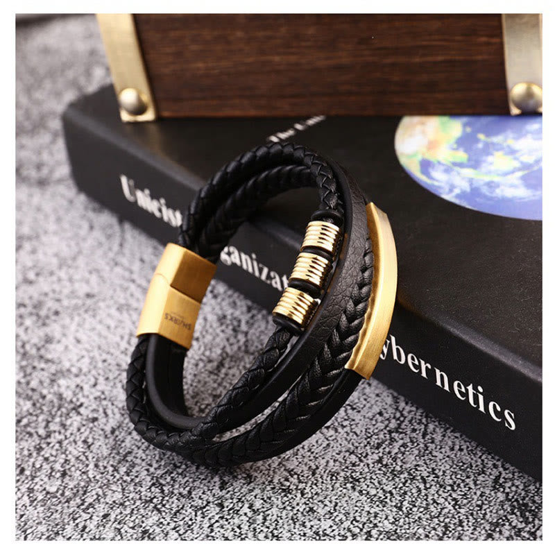Buddha Stonesレザー多層チタン鋼バランス編み込み磁気バックルブレスレット