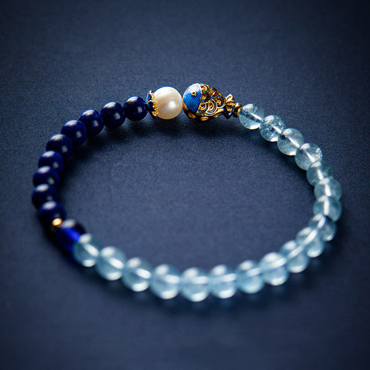 Buddha Stones天然アクアマリンラズライトフィッシュヒーリングブレスレット