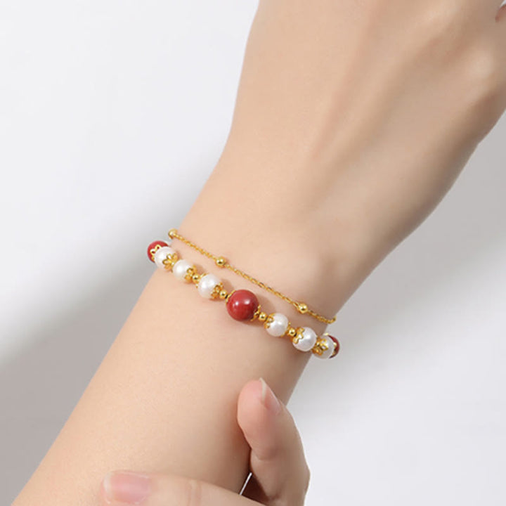 Buddha Stones925スターリングシルバー パール シナバー ウィズダムビーズ ダブルレイヤーチェーンブレスレット