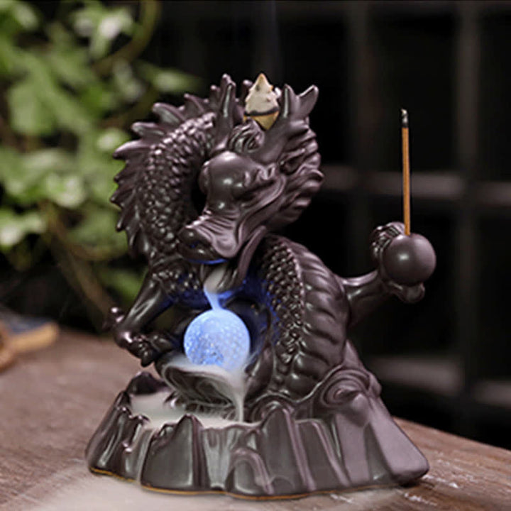 Buddha Stones縁起の良い龍 セラミック 逆流煙噴水 瞑想 癒し 香炉 LED ボール 装飾