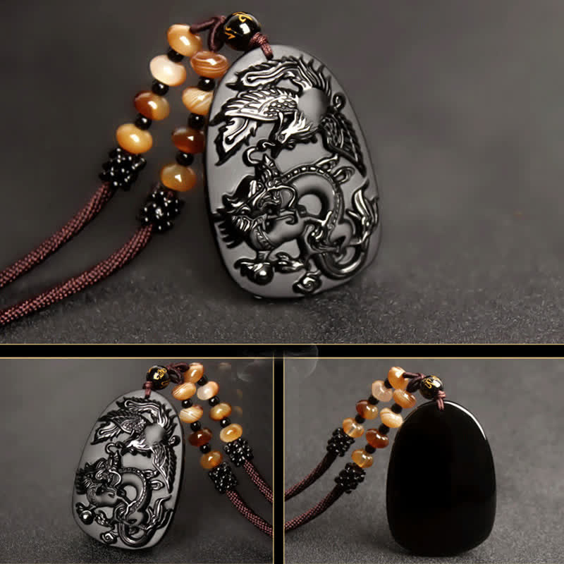 Buddha Stonesブラックオブシディアン タイガーアイ ドラゴン フェニックス 守護ビーズネックレスペンダント - image 5