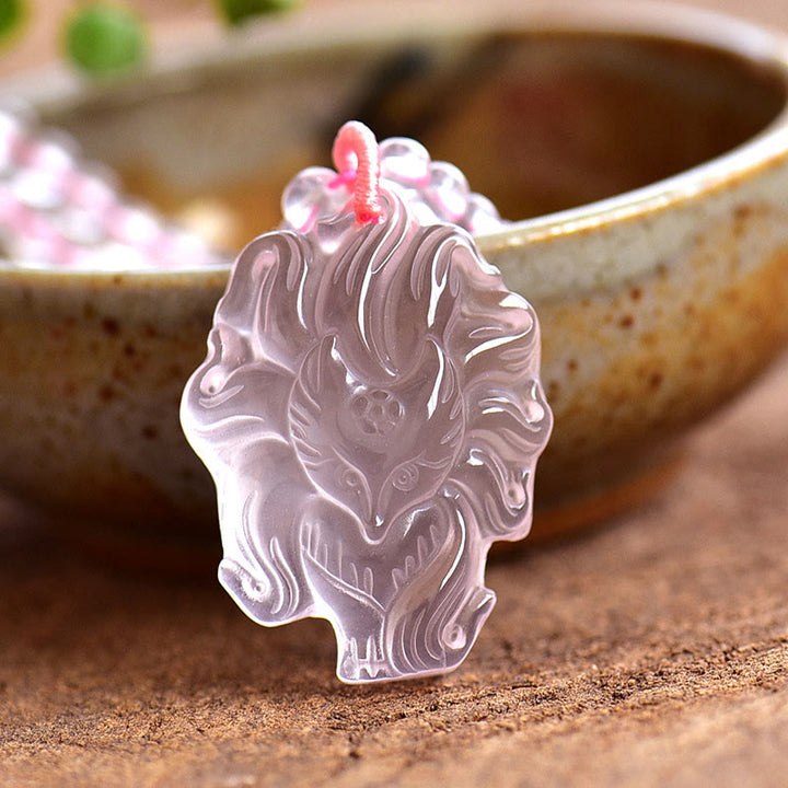 Buddha Stones天然ピンククリスタル九尾狐ラブネックレスペンダント